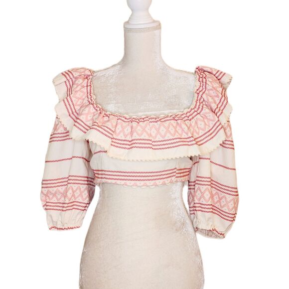 NWT Raissa Embroidered Ruffle Puff Sleeve Crop Top $275 Large - Picture 2 of 8